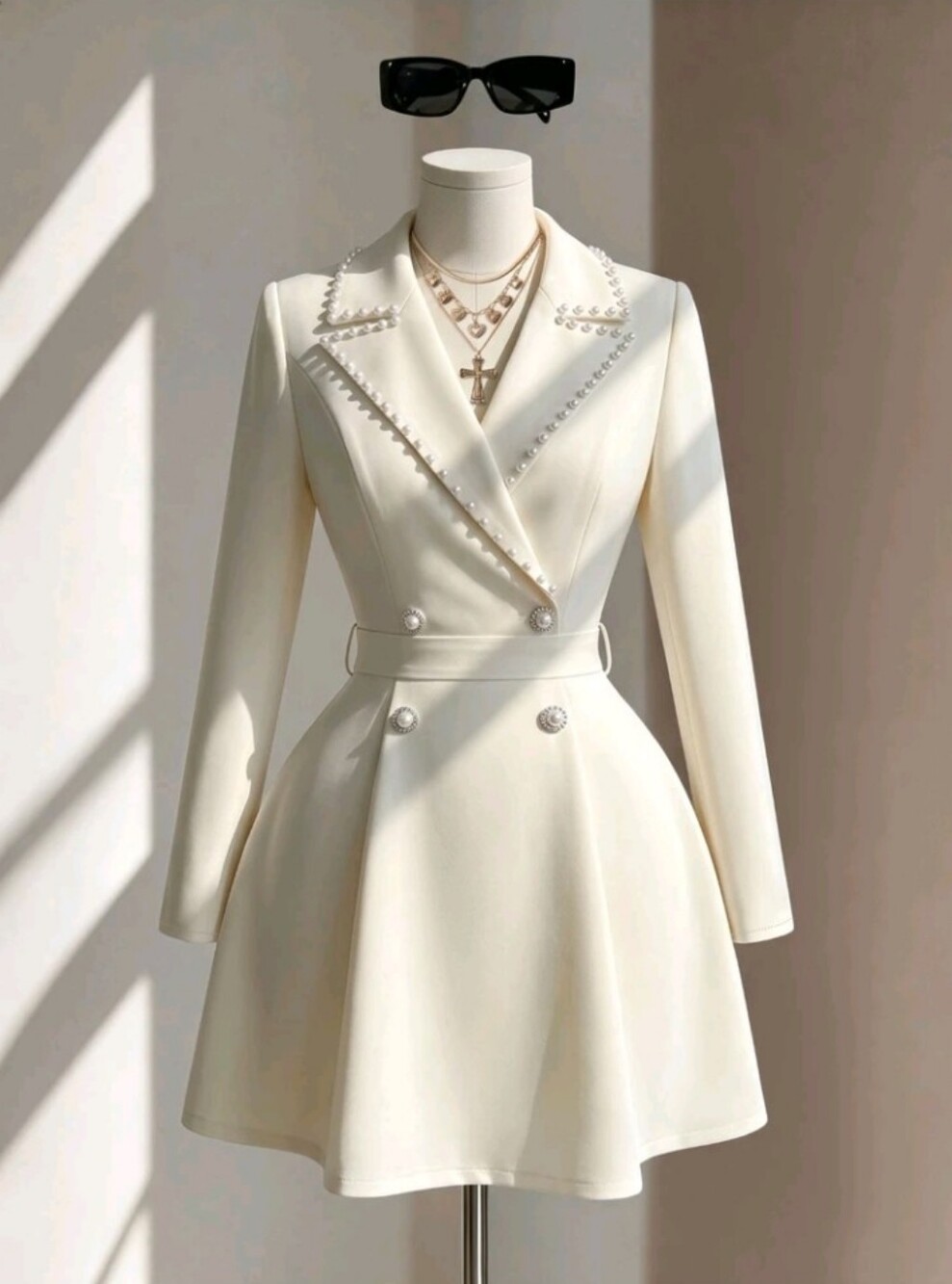Women's Elegant Blazer Collar Faux Pearl Decor Cinched Waist A-Line Long Dress